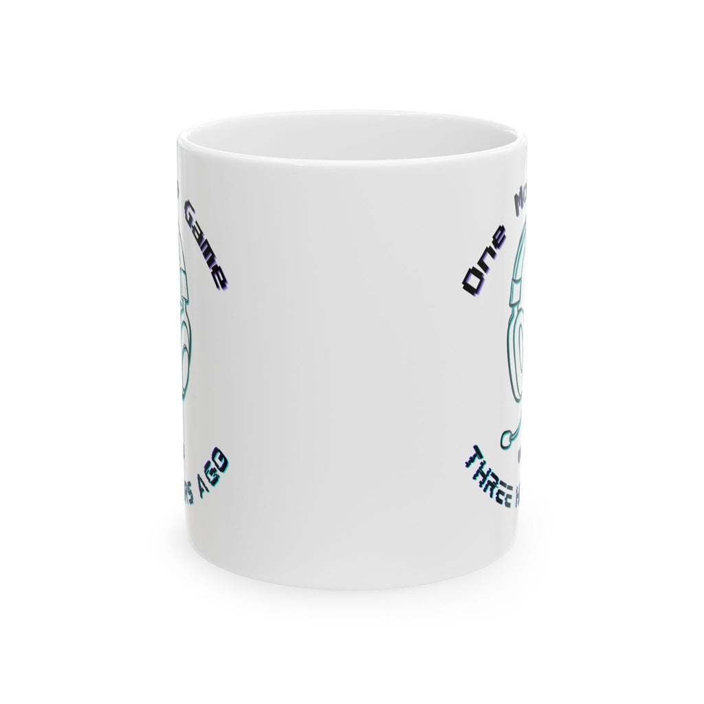 One More Game Was Three Hours Ago Mug, Funny Gamer Humor, Retro Neon White Ceramic