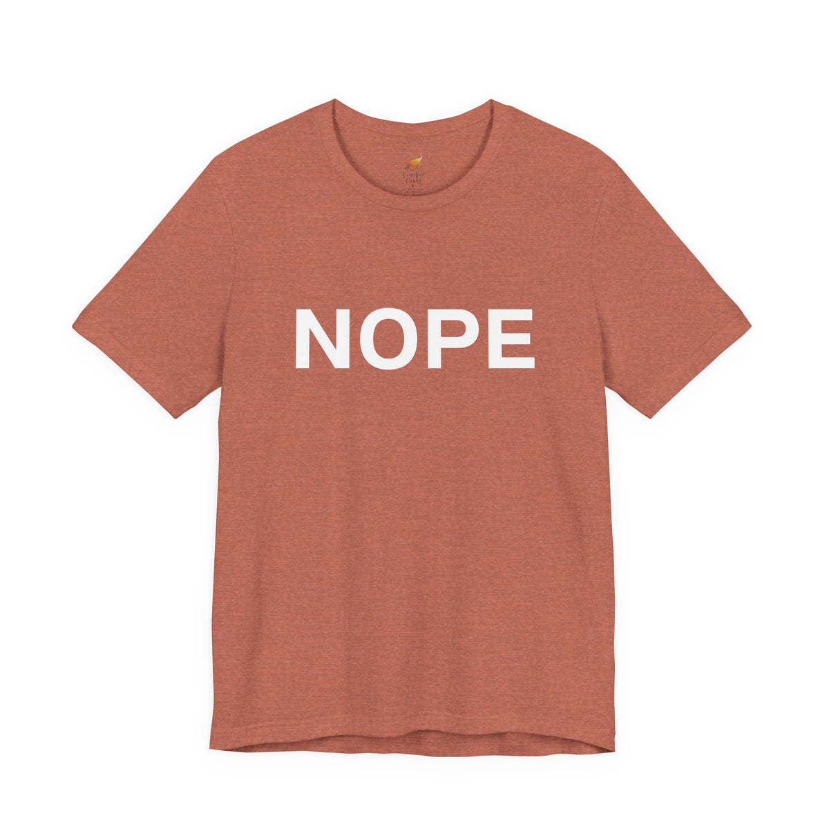 A heather clay short-sleeve crewneck t-shirt with the word 'NOPE' printed in bold white capital letters across the chest, displayed on a clean white background.
