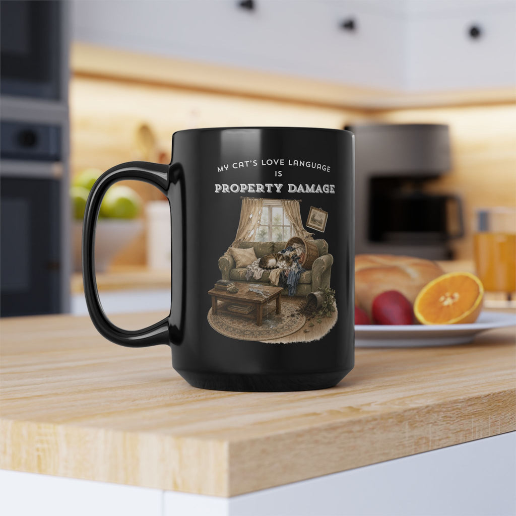 My Cat's Love Language is Property Damage Mug, Funny Cat Humor, Black Ceramic