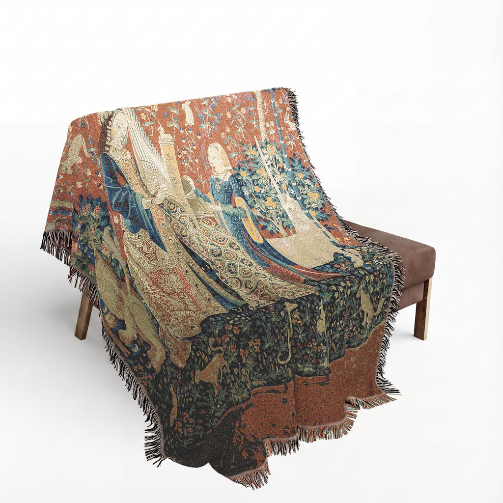 The Lady and the Unicorn Hearing Woven Blanket, Medieval Tapestry Art Throw