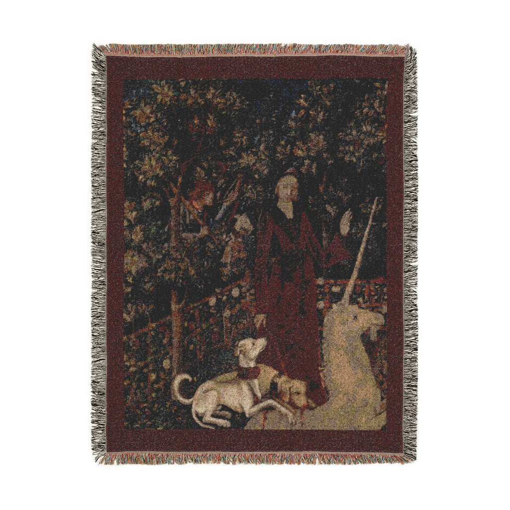 The Mystic Capture of the Unicorn Woven Blanket, Medieval Unicorn Tapestry Art Throw