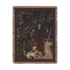 The Mystic Capture of the Unicorn Woven Blanket, Medieval Unicorn Tapestry Art Throw