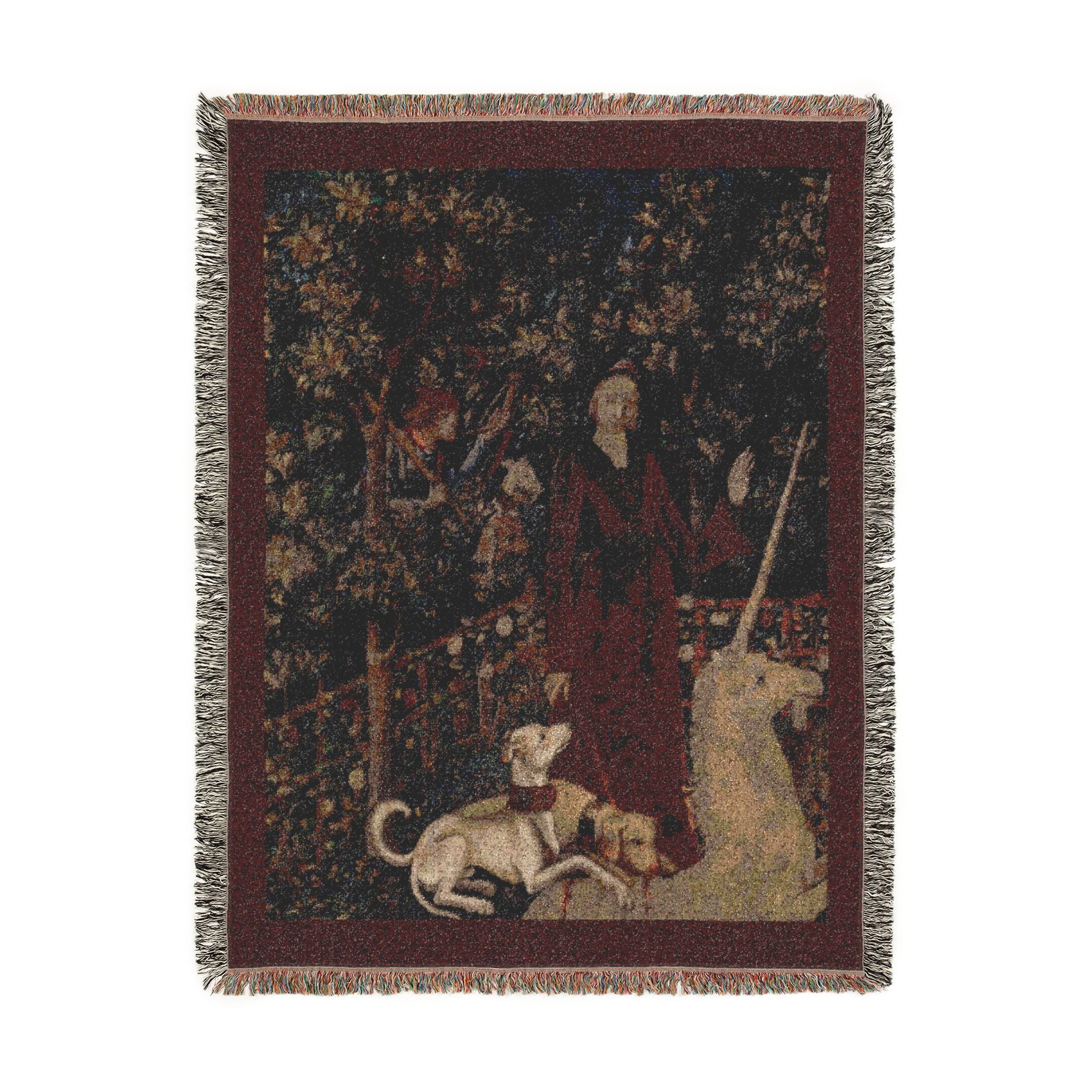 The Mystic Capture of the Unicorn Woven Blanket, Medieval Unicorn Tapestry Art Throw