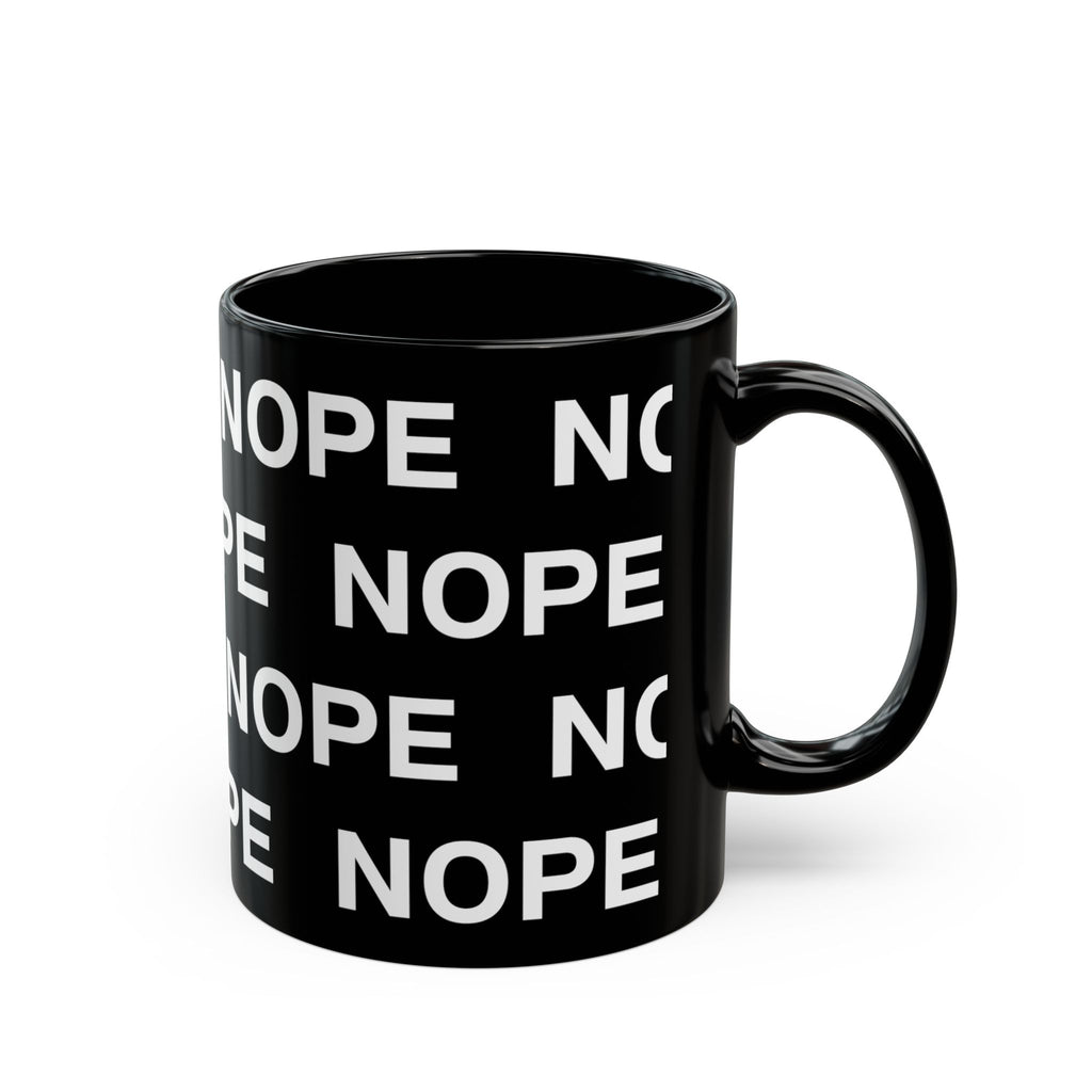An 11oz black ceramic mug with a repeating white text pattern of 'NOPE' and a matching black handle facing right, shown on a clean white background.