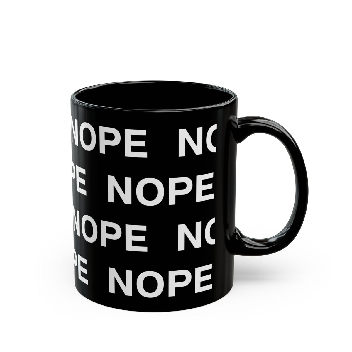 An 11oz black ceramic mug with a repeating white text pattern of 'NOPE' and a matching black handle facing right, shown on a clean white background.