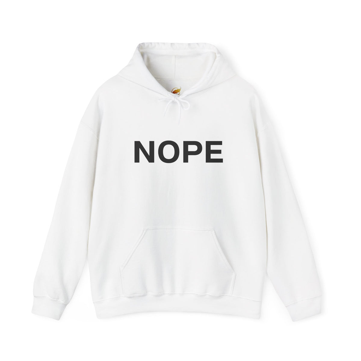 A white pullover hoodie with the word 'NOPE' printed in bold black capital letters across the chest on a solid white background.