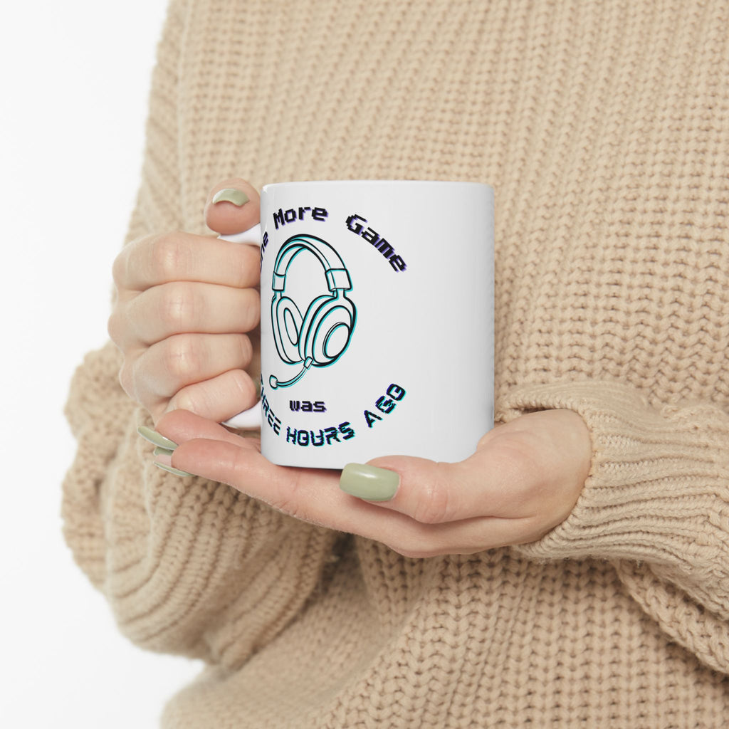 One More Game Was Three Hours Ago Mug, Funny Gamer Humor, Retro Neon White Ceramic