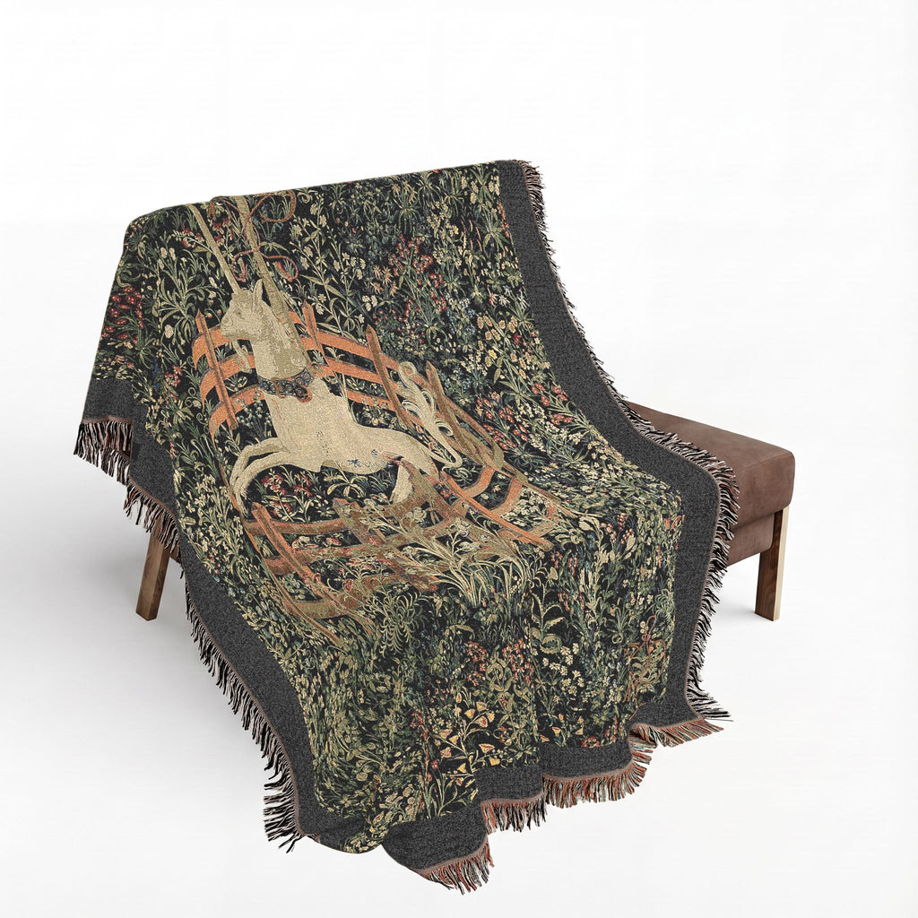 The Unicorn in Captivity Woven Blanket, Medieval Unicorn Tapestry Art Throw