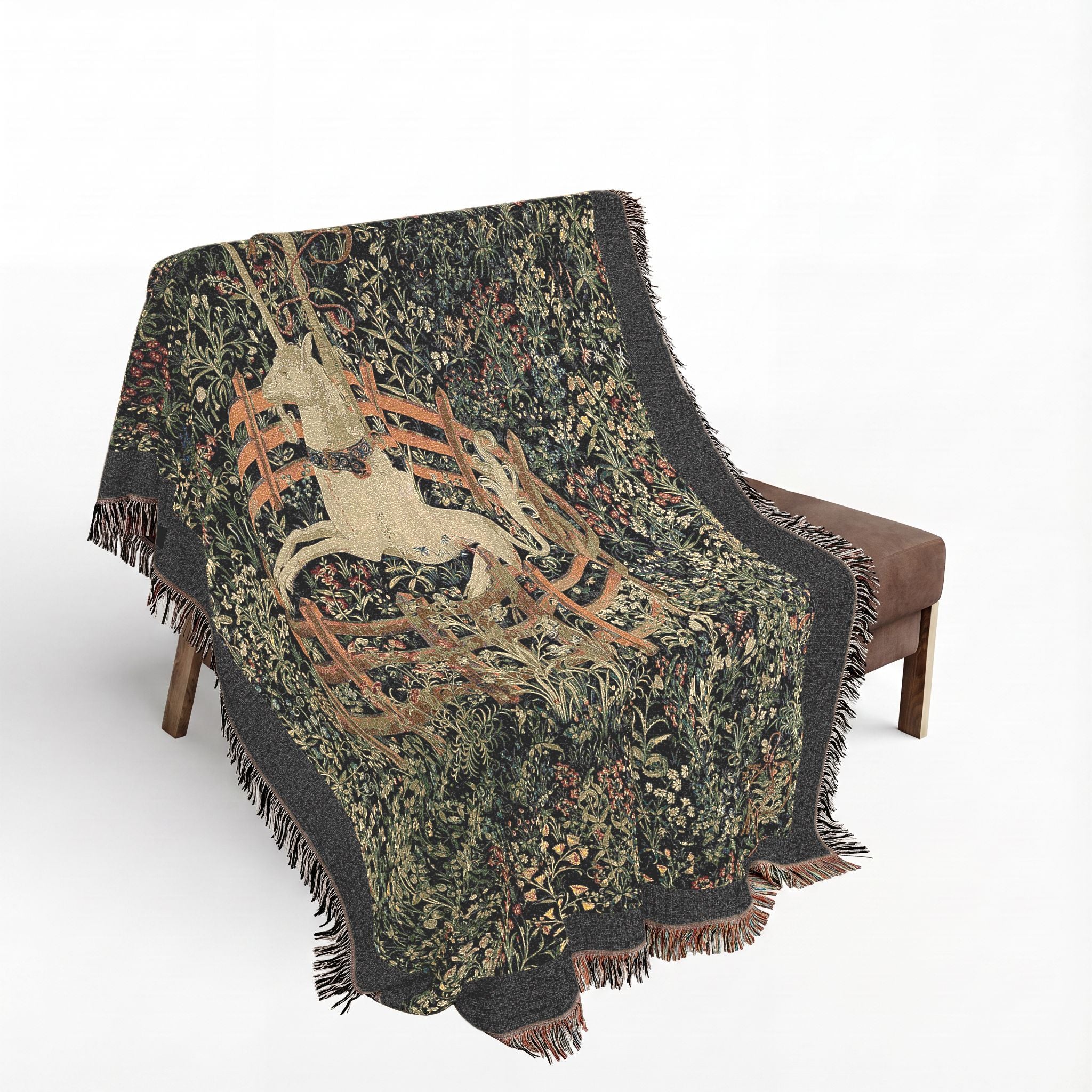 The Unicorn in Captivity Woven Blanket, Medieval Unicorn Tapestry Art Throw