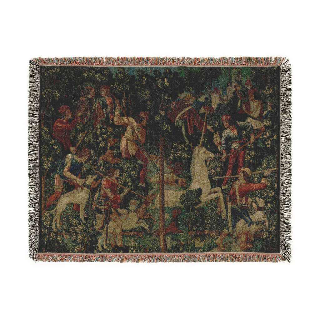 The Unicorn Crosses a Stream Woven Blanket, Medieval Unicorn Tapestry Art Throw