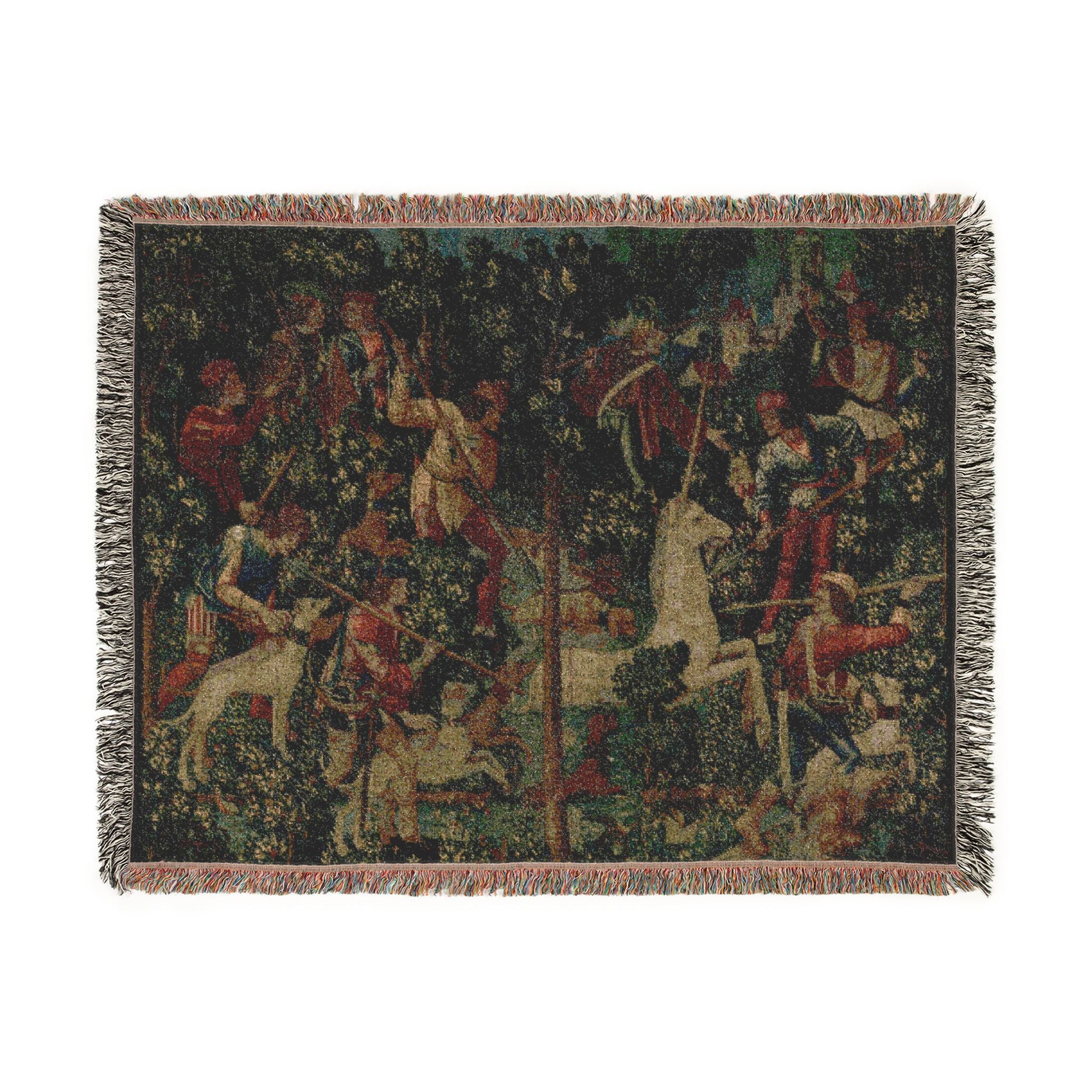 The Unicorn Crosses a Stream Woven Blanket, Medieval Unicorn Tapestry Art Throw