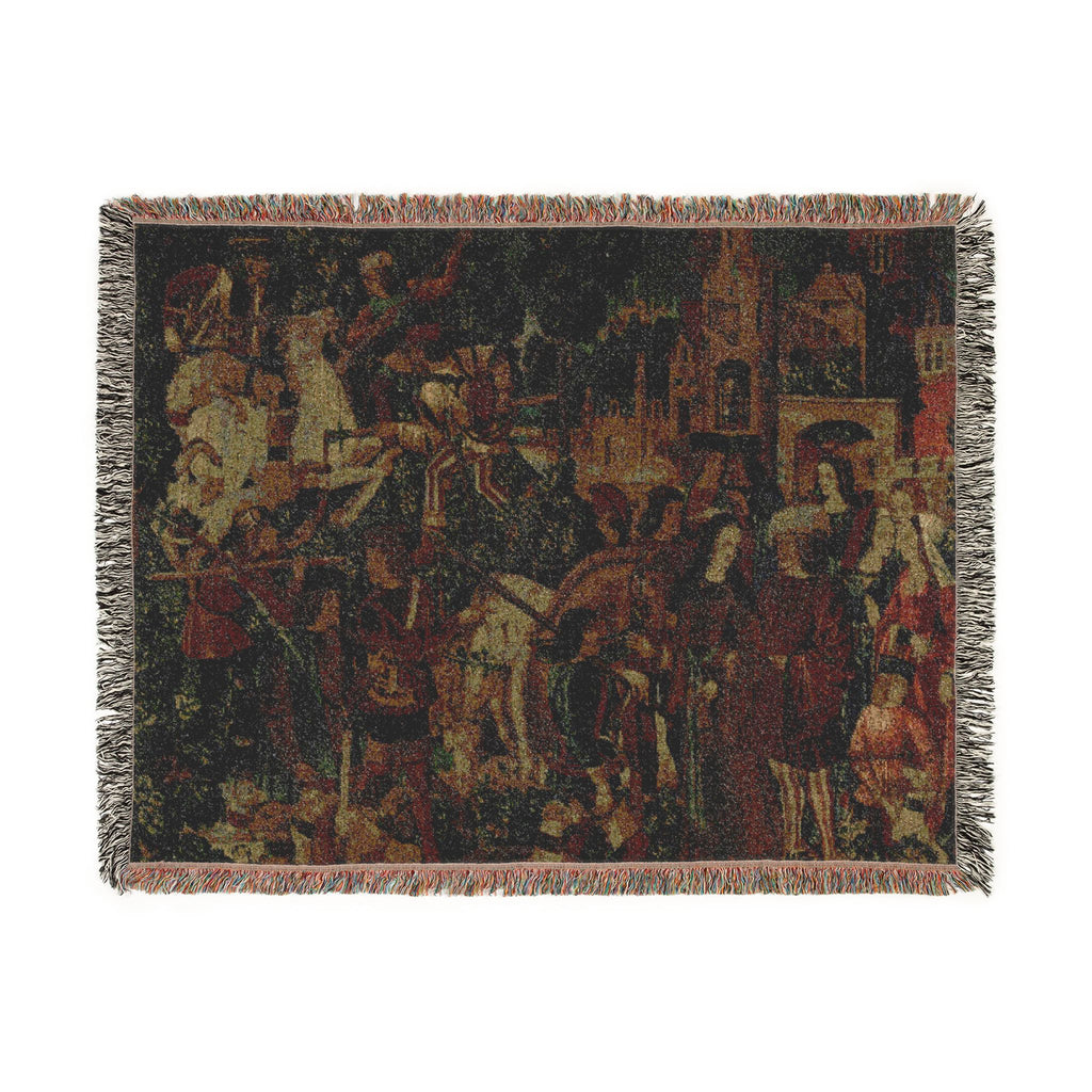 The Hunters Return to the Castle Woven Blanket, Medieval Unicorn Tapestry Art Throw