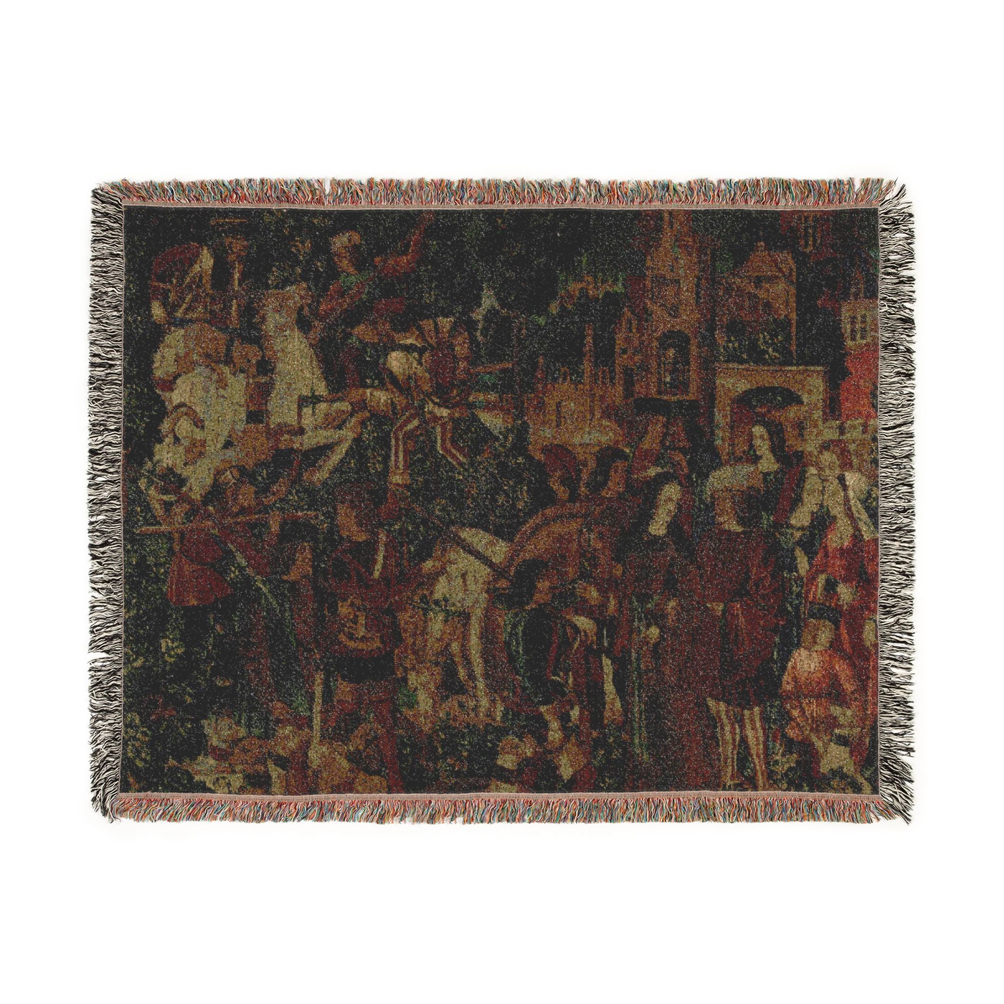 The Hunters Return to the Castle Woven Blanket, Medieval Unicorn Tapestry Art Throw