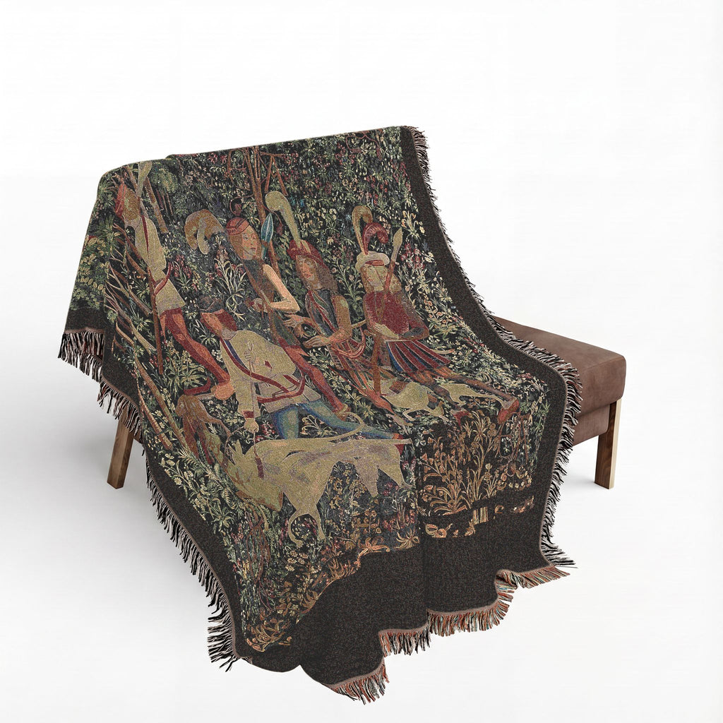 The Hunters Enter the Woods Woven Blanket, Medieval Unicorn Tapestry Art Throw