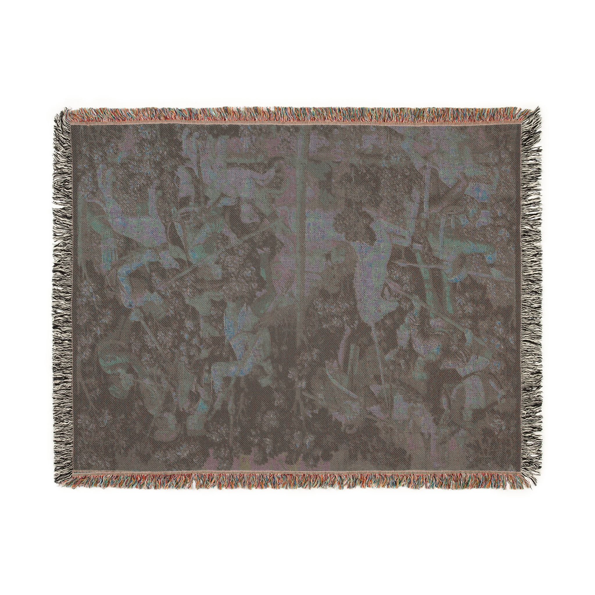 The Unicorn Crosses a Stream Woven Blanket, Medieval Unicorn Tapestry Art Throw