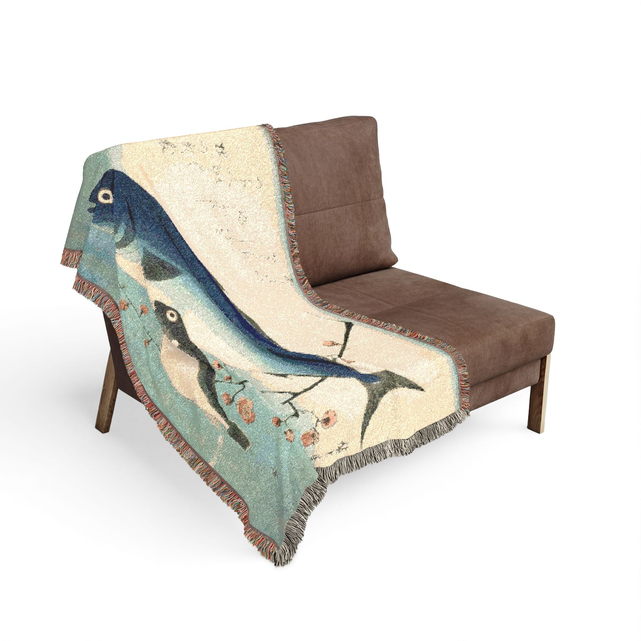 Yellowtail, Blowfish, and Plum Branch Woven Blanket, Utagawa Hiroshige, Japanese Art Throw
