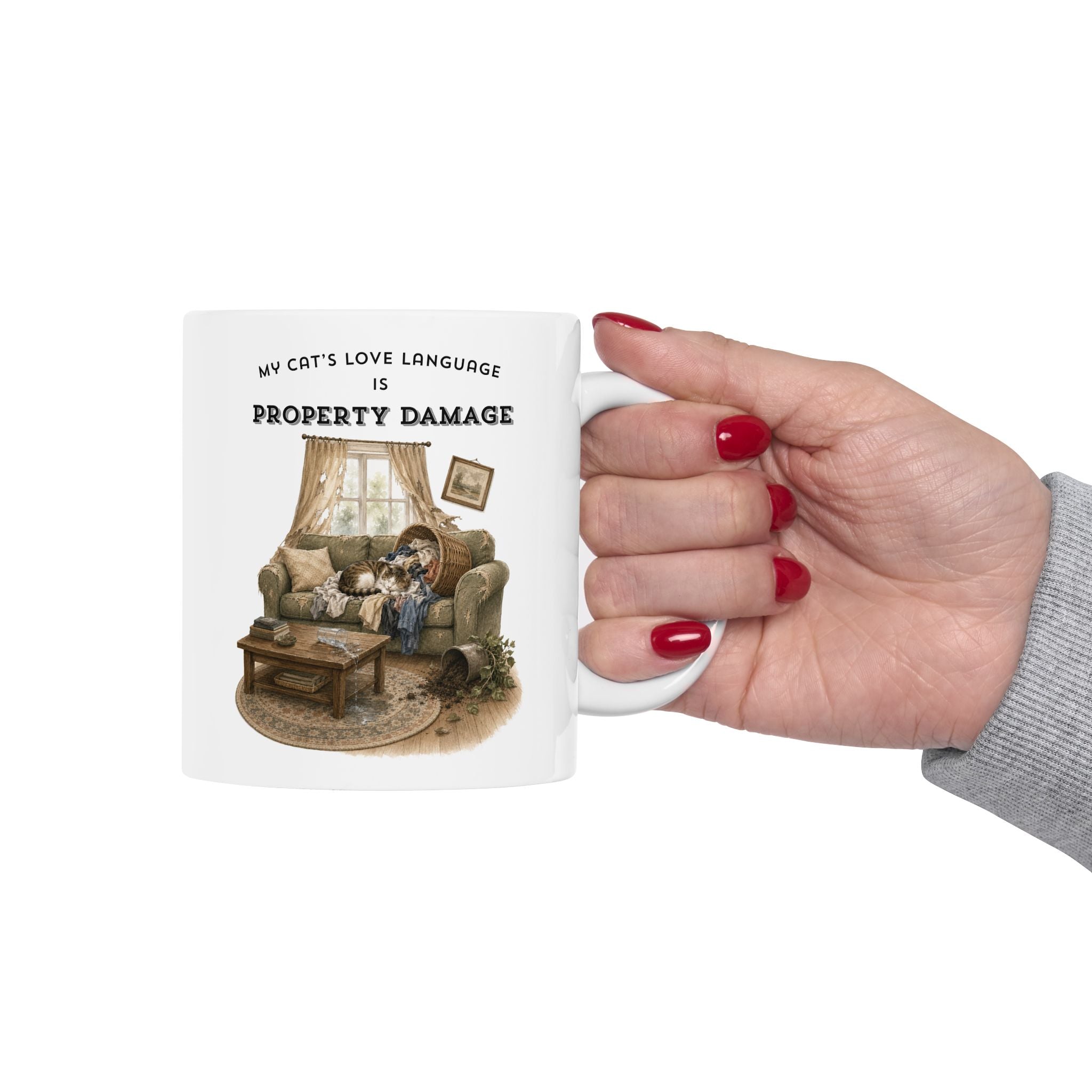 My Cat's Love Language is Property Damage Mug, Funny Cat Humor, White Ceramic