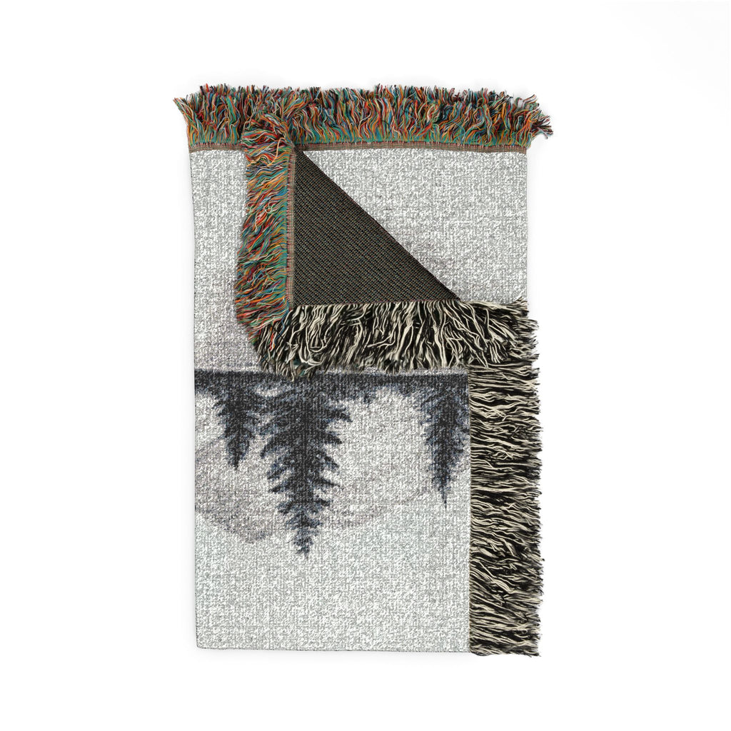 Mountain Lake Reflection Woven Blanket | Scenic Pine Trees, Neutral Tones