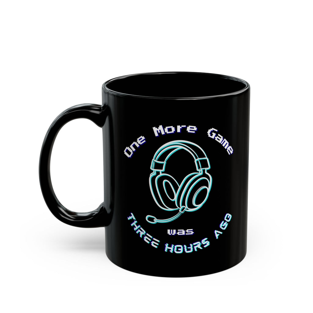 One More Game Was Three Hours Ago Mug, Funny Gamer Humor, Retro Neon Black Ceramic