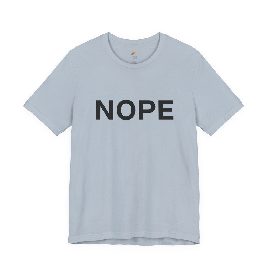 A light blue short-sleeve crewneck t-shirt with the word 'NOPE' printed in bold black capital letters across the chest, displayed on a clean white background.