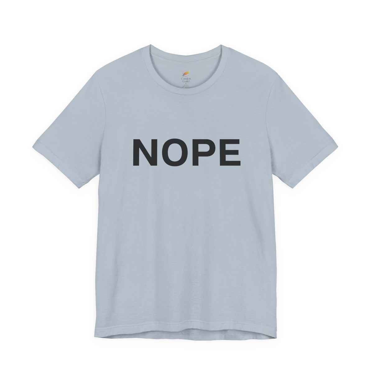 A light blue short-sleeve crewneck t-shirt with the word 'NOPE' printed in bold black capital letters across the chest, displayed on a clean white background.