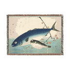 Yellowtail, Blowfish, and Plum Branch Woven Blanket, Utagawa Hiroshige, Japanese Art Throw