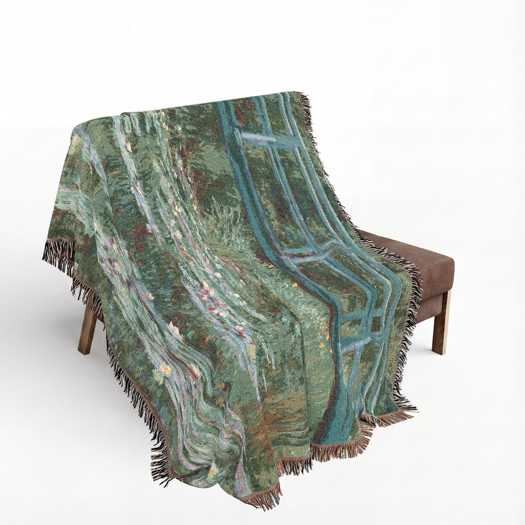 Japanese Footbridge Woven Blanket, Claude Monet, Impressionist Garden Art Throw