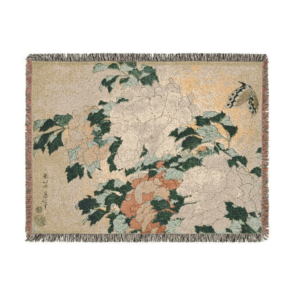 Peonies and Butterfly Woven Blanket, Katsushika Hokusai, Japanese Botanical Art Throw