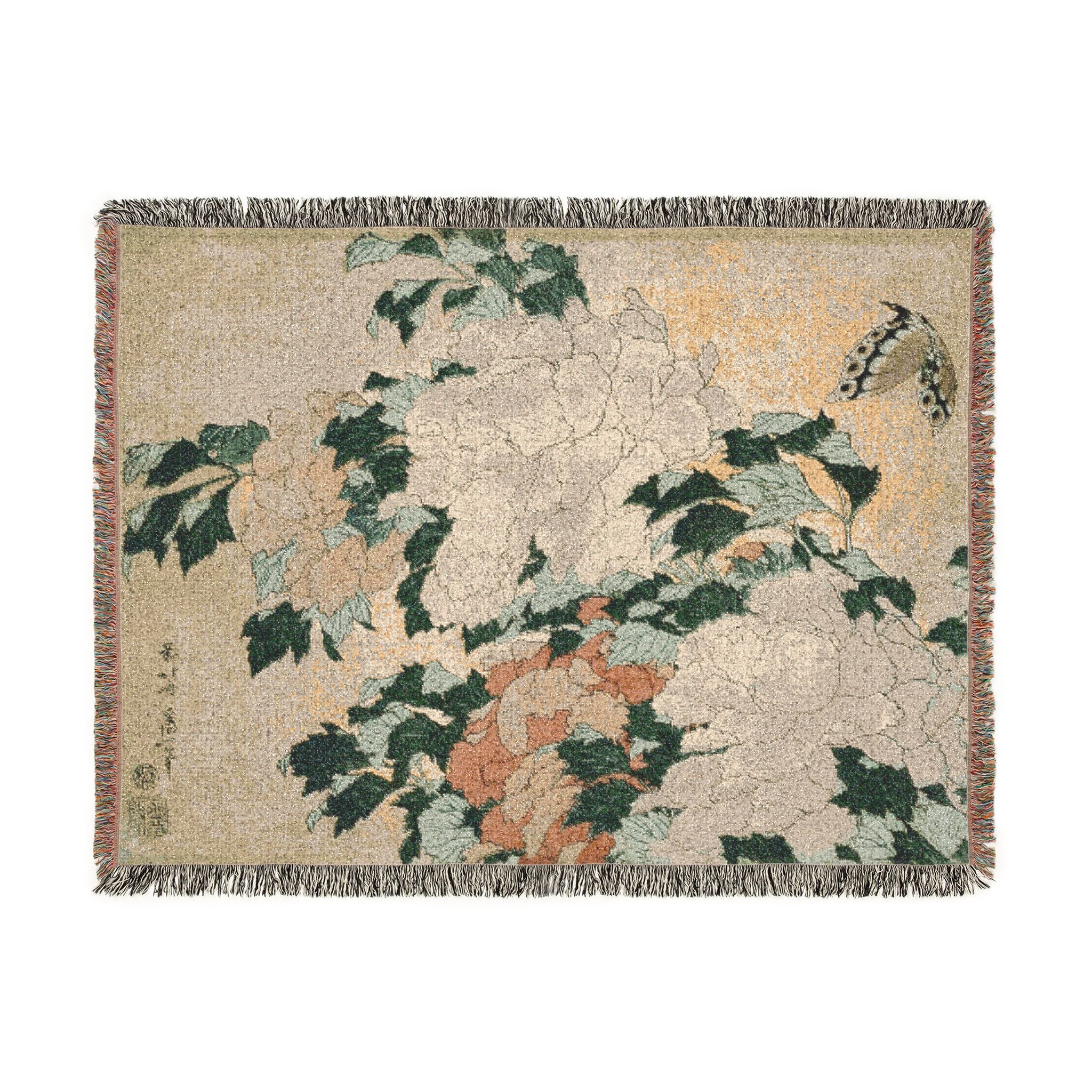 Peonies and Butterfly Woven Blanket, Katsushika Hokusai, Japanese Botanical Art Throw