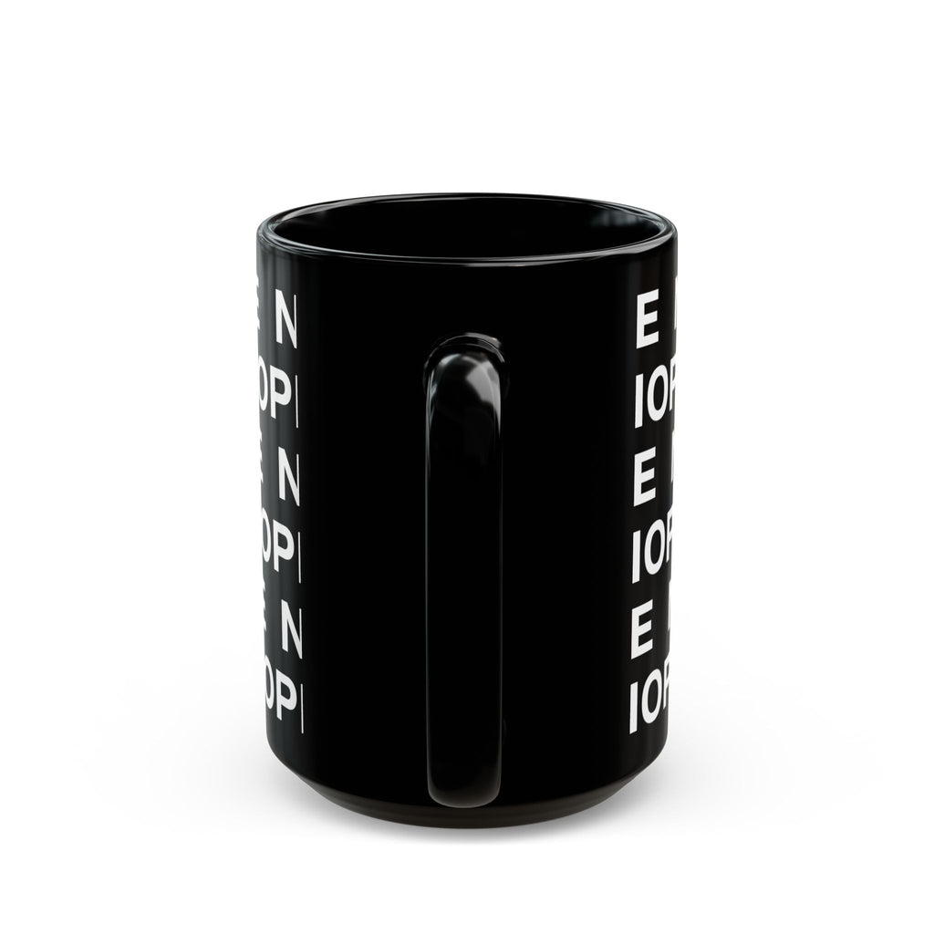 A 15oz black ceramic mug with a repeating white text pattern of 'NOPE' and a matching black handle facing forward, shown on a clean white background.