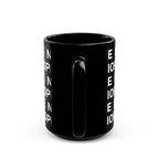 A 15oz black ceramic mug with a repeating white text pattern of 'NOPE' and a matching black handle facing forward, shown on a clean white background.