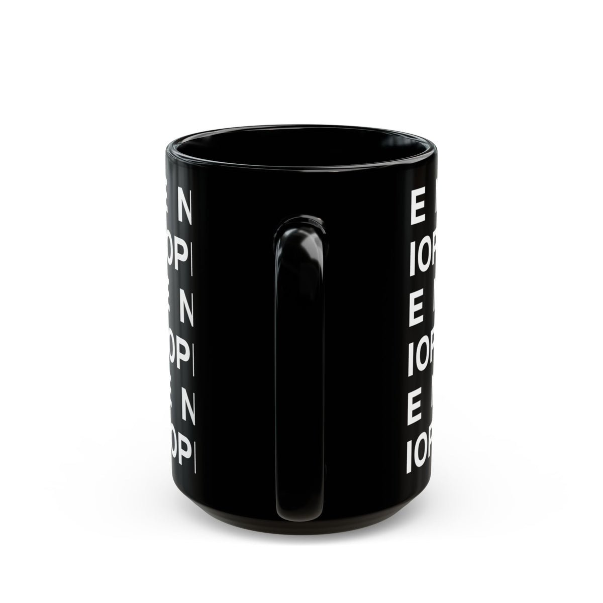 A 15oz black ceramic mug with a repeating white text pattern of 'NOPE' and a matching black handle facing forward, shown on a clean white background.