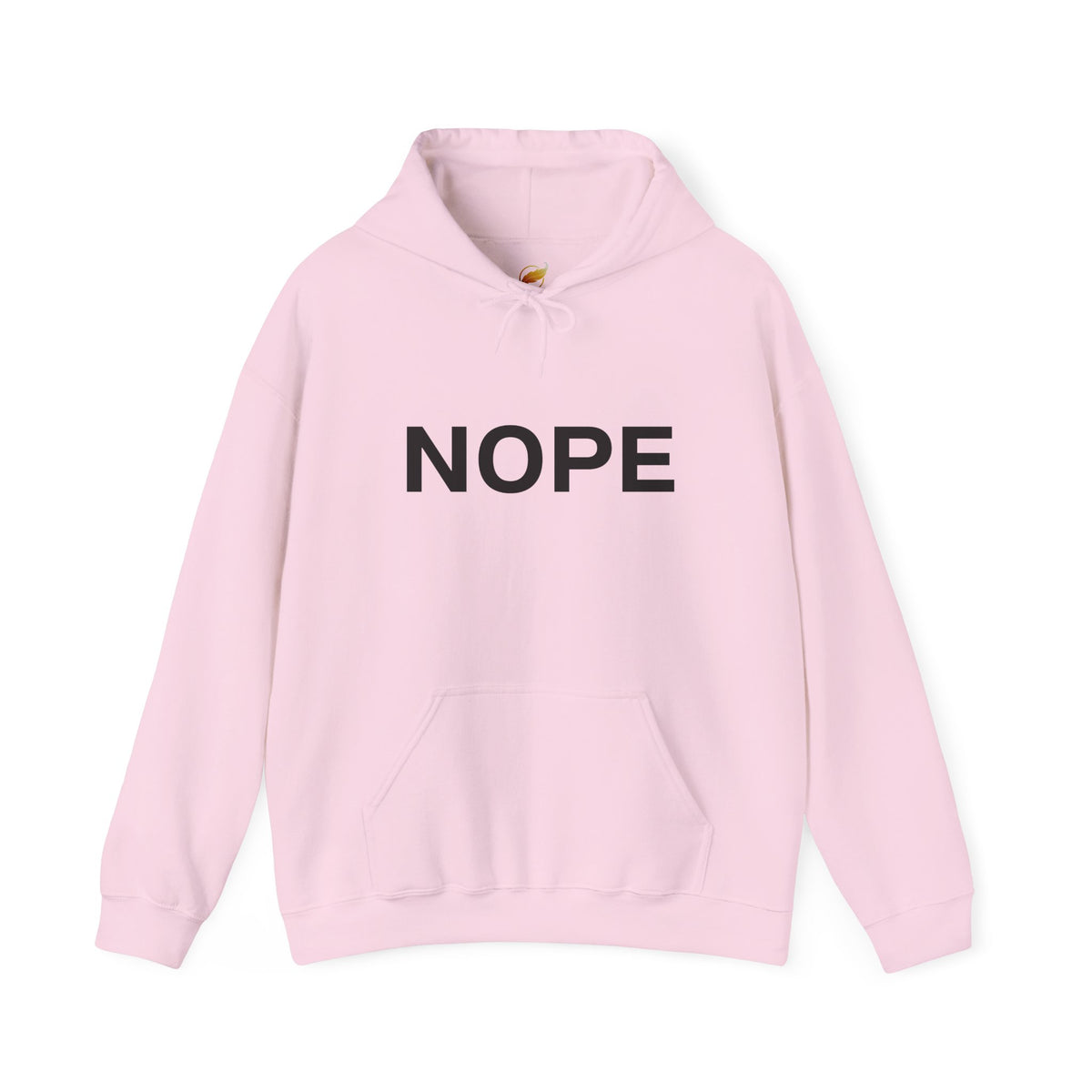 A soft pink pullover hoodie with the word 'NOPE' printed in bold black capital letters across the chest on a solid white background.