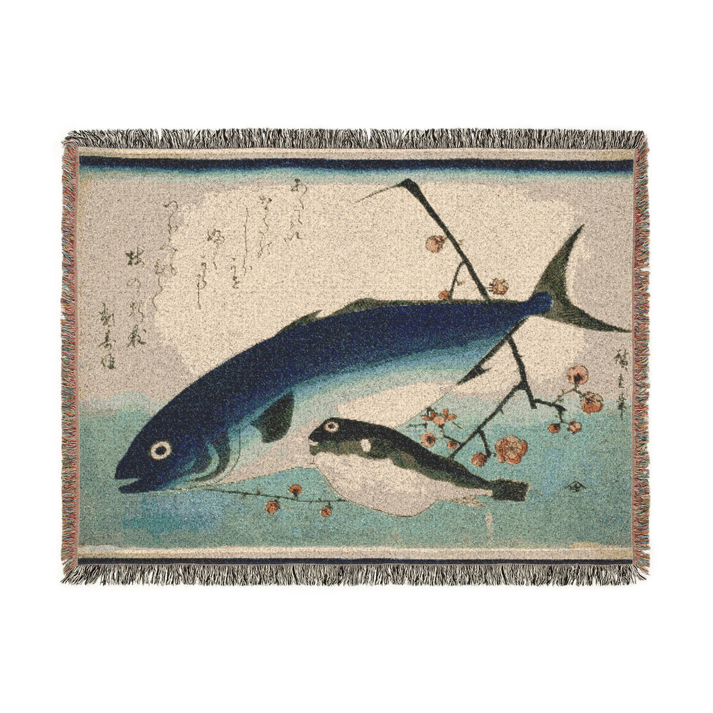 Yellowtail, Blowfish, and Plum Branch Woven Blanket, Utagawa Hiroshige, Japanese Art Throw