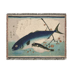 Yellowtail, Blowfish, and Plum Branch Woven Blanket, Utagawa Hiroshige, Japanese Art Throw