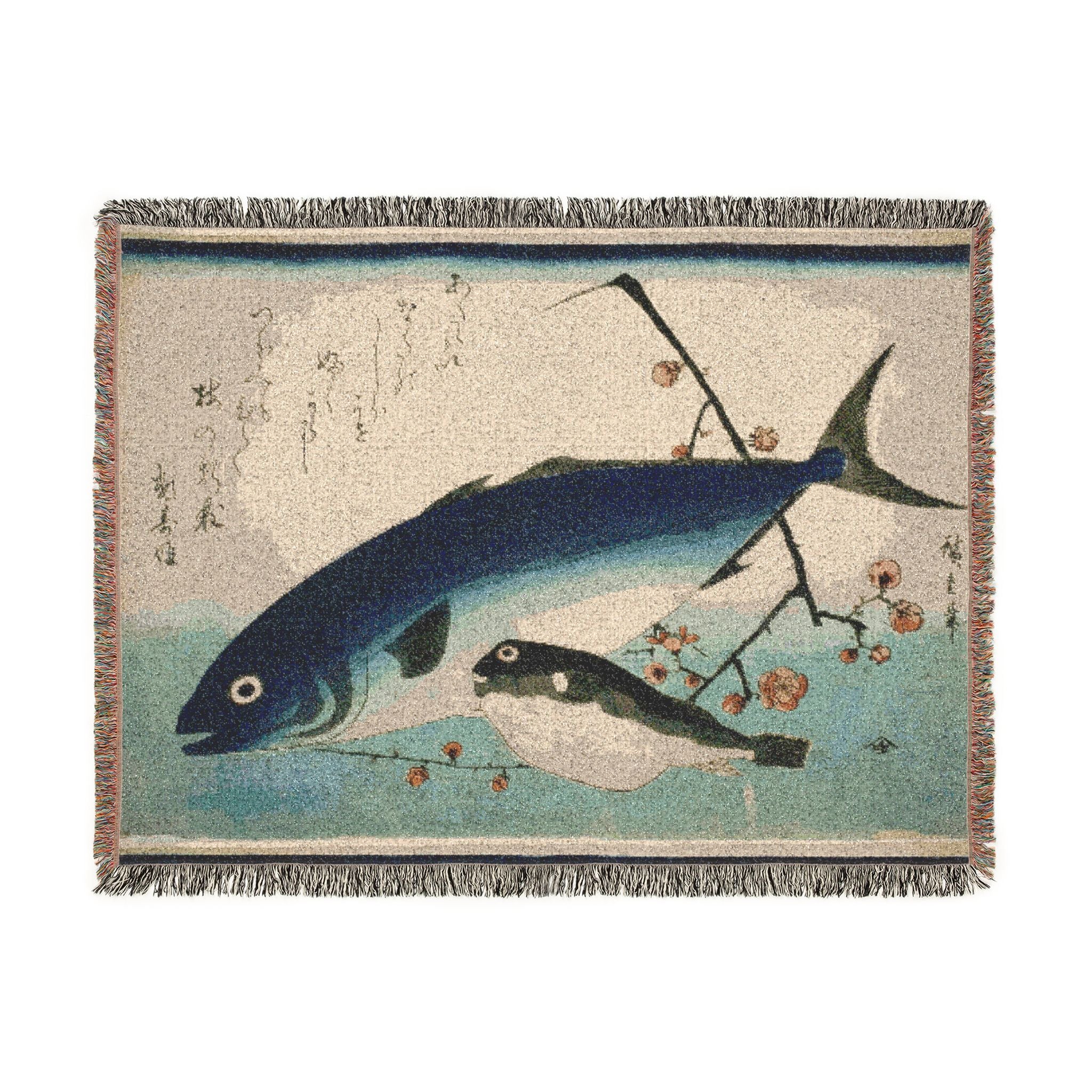 Yellowtail, Blowfish, and Plum Branch Woven Blanket, Utagawa Hiroshige, Japanese Art Throw