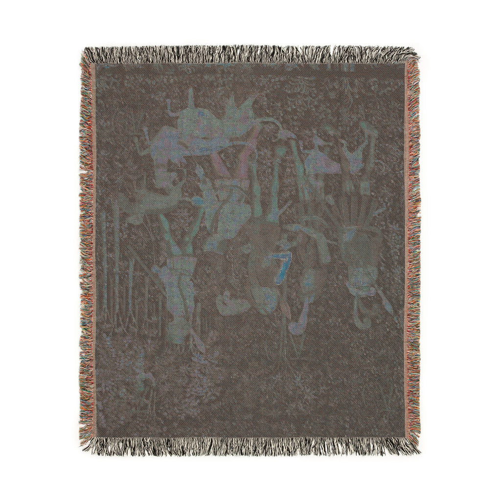 The Hunters Enter the Woods Woven Blanket, Medieval Unicorn Tapestry Art Throw