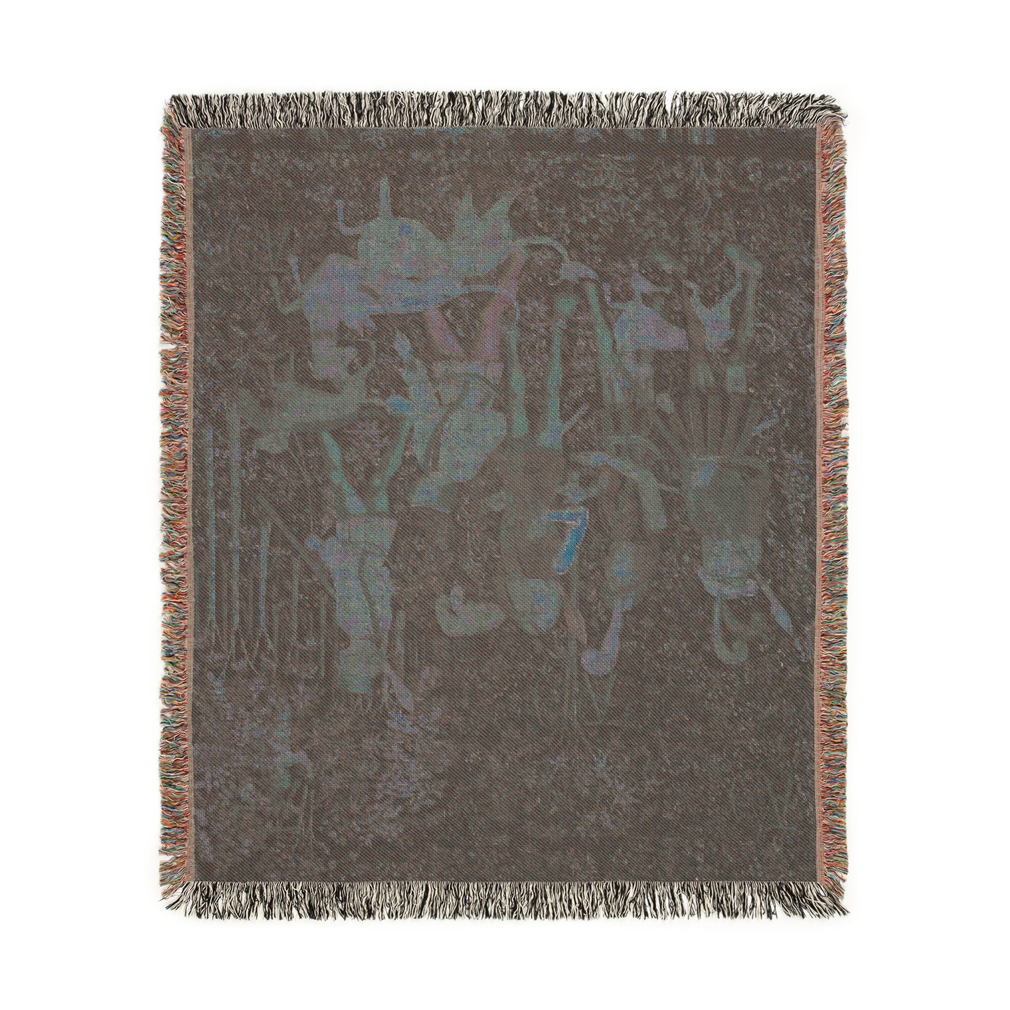 The Hunters Enter the Woods Woven Blanket, Medieval Unicorn Tapestry Art Throw