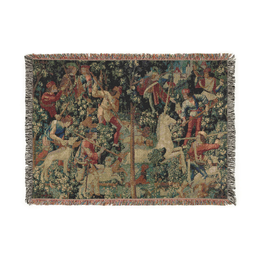 The Unicorn Crosses a Stream Woven Blanket, Medieval Unicorn Tapestry Art Throw