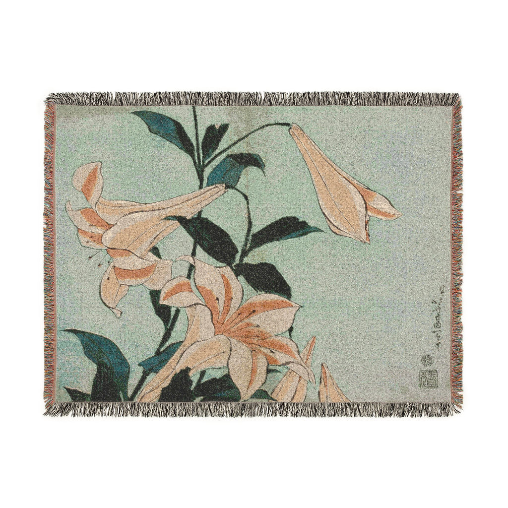 Lilies Woven Blanket, Katsushika Hokusai, Japanese Botanical Art Throw