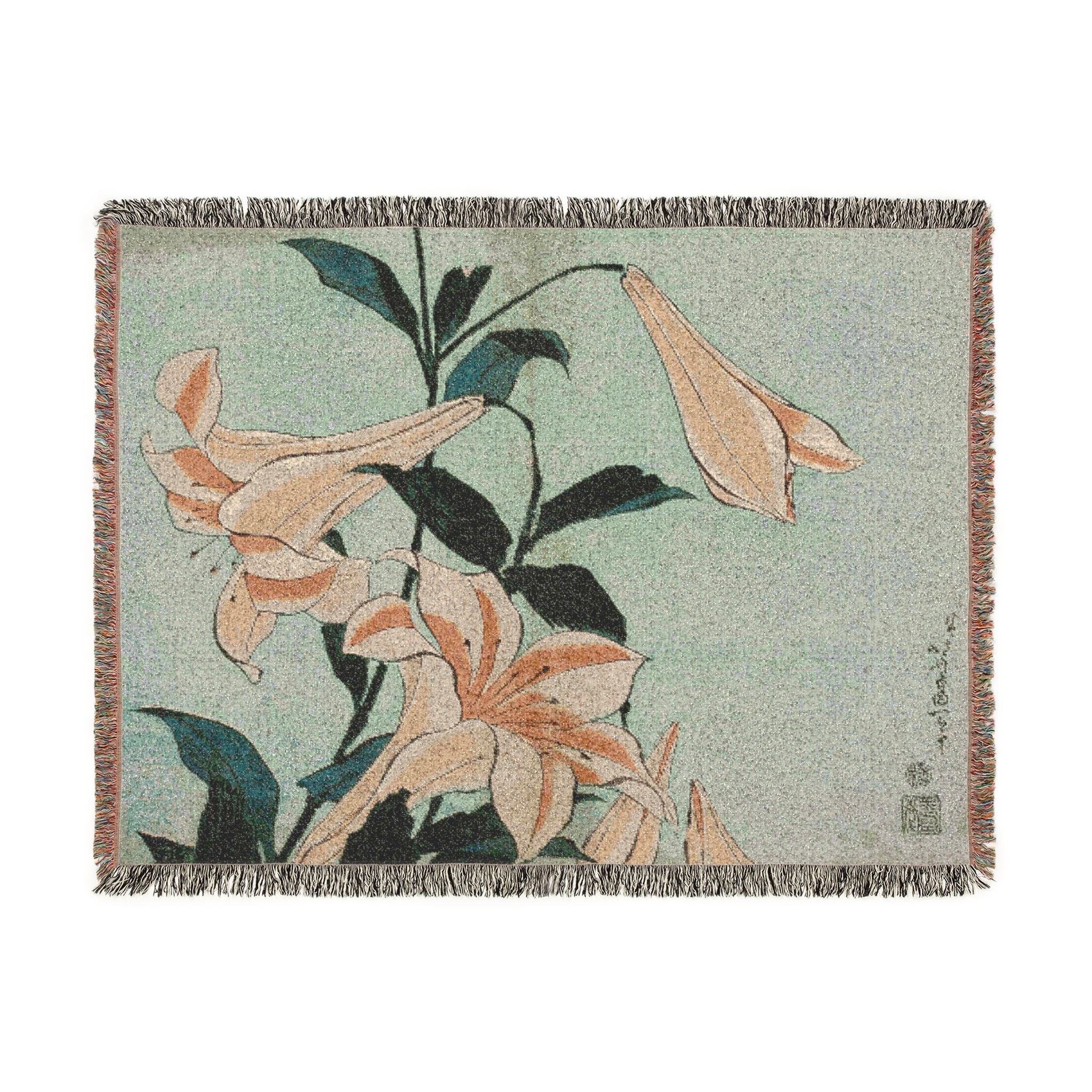 Lilies Woven Blanket, Katsushika Hokusai, Japanese Botanical Art Throw