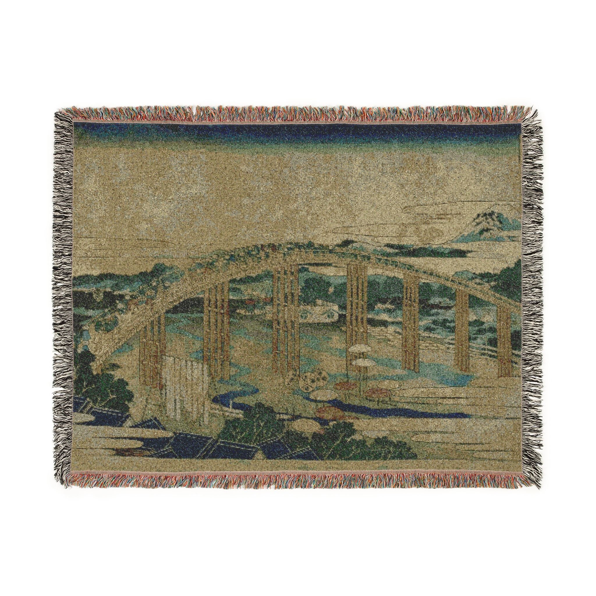 Yahagi Bridge at Okazaki Woven Blanket, Katsushika Hokusai, Muted Japanese Woodblock Art