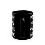 An 11oz black ceramic mug with a repeating white text pattern of 'NOPE' and a matching black handle facing forward, shown on a clean white background.