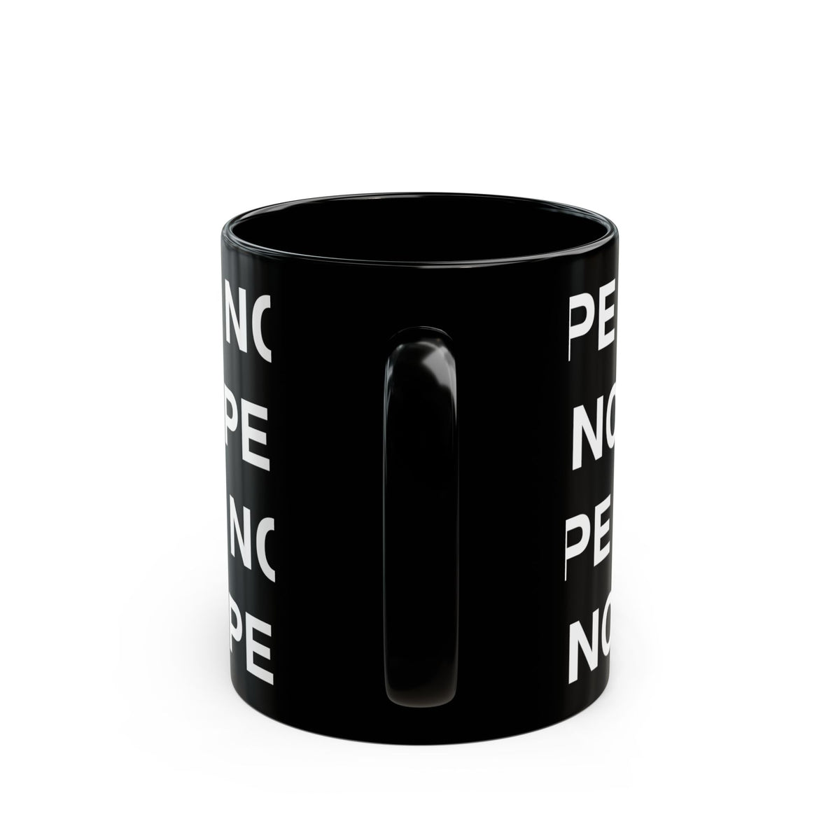 An 11oz black ceramic mug with a repeating white text pattern of 'NOPE' and a matching black handle facing forward, shown on a clean white background.