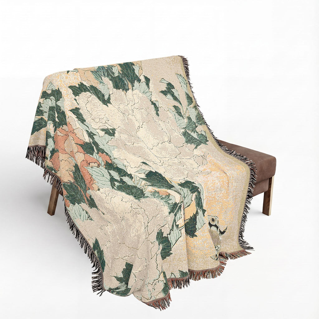 Peonies and Butterfly Woven Blanket, Katsushika Hokusai, Japanese Botanical Art Throw