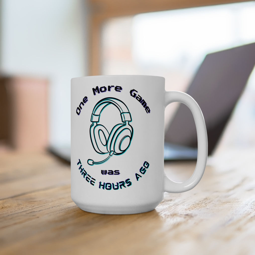 One More Game Was Three Hours Ago Mug, Funny Gamer Humor, Retro Neon White Ceramic