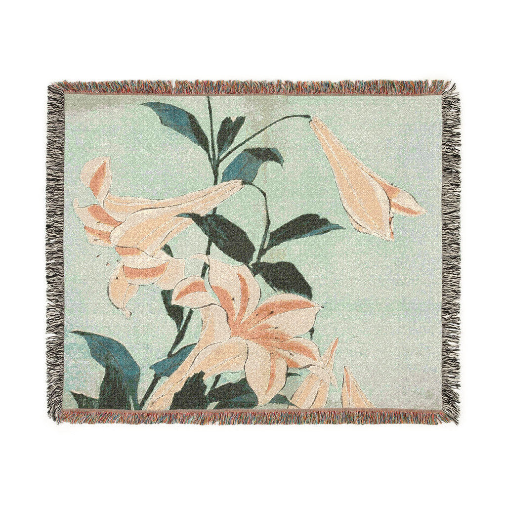 Lilies Woven Blanket, Katsushika Hokusai, Japanese Botanical Art Throw