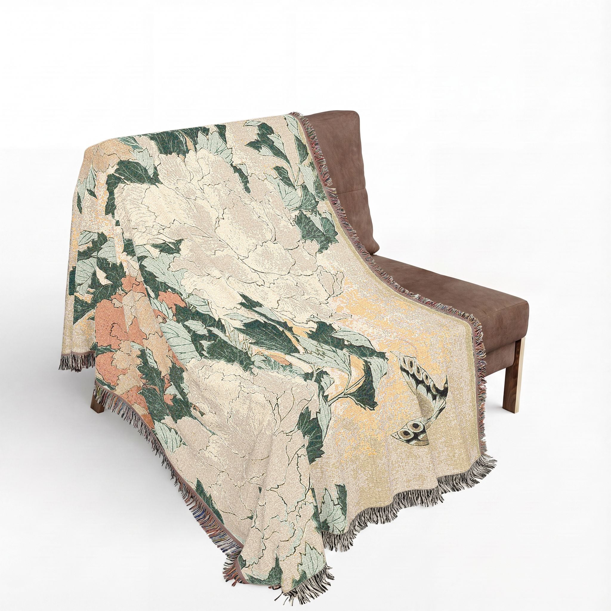Peonies and Butterfly Woven Blanket, Katsushika Hokusai, Japanese Botanical Art Throw