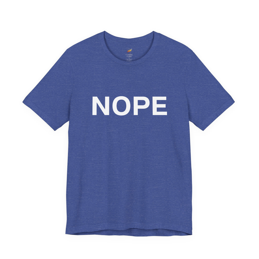 A heather true royal blue short-sleeve crewneck t-shirt with the word 'NOPE' printed in bold white capital letters across the chest, displayed on a clean white background.
