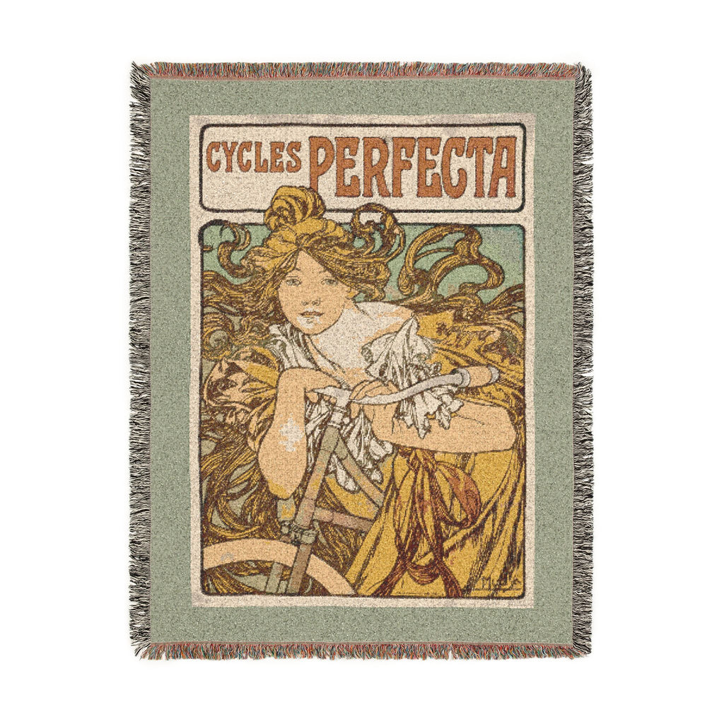 Cycles Perfecta Woven Blanket, Alphonse Mucha, Art Nouveau Bicycle Poster